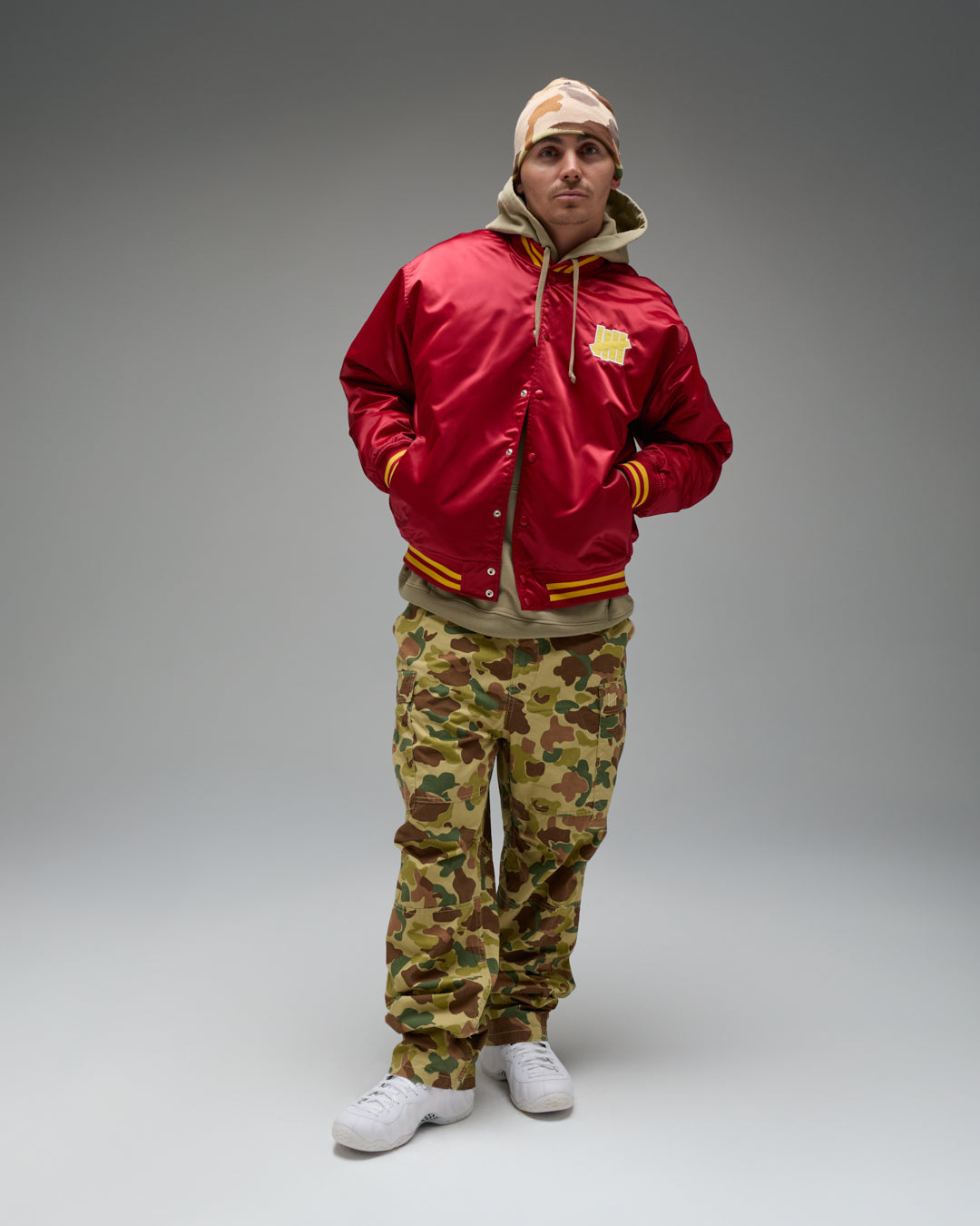 UNDEFEATED ICON SATIN VARSITY JACKET - SCARLET