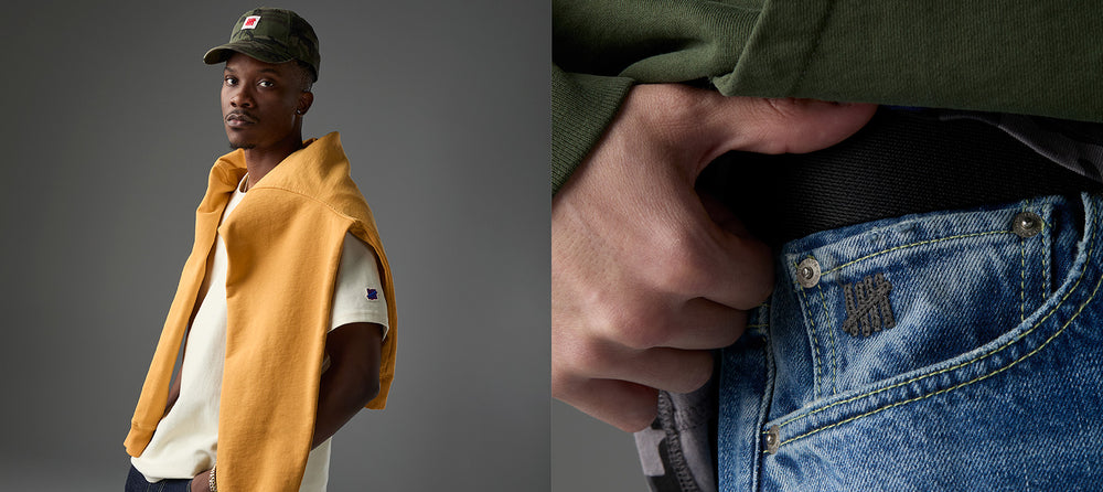 Person wearing a mustard jacket over a white shirt with a gray background, and a close-up of blue jeans with a pocket detail.