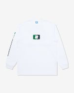 WHITE::A white Undefeated Compound L/S Tee on a white background.